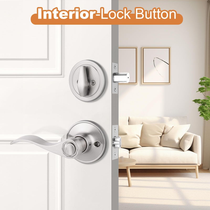 Probrico 5 Sets-Satin Nickel Exterior Entry Lever and Single Cylinder Deadbolt Combo Pack,Keyed Alike Entry Handleset for Front Entrance Door,Wave Shape Lever,Contractor Park - Image 2